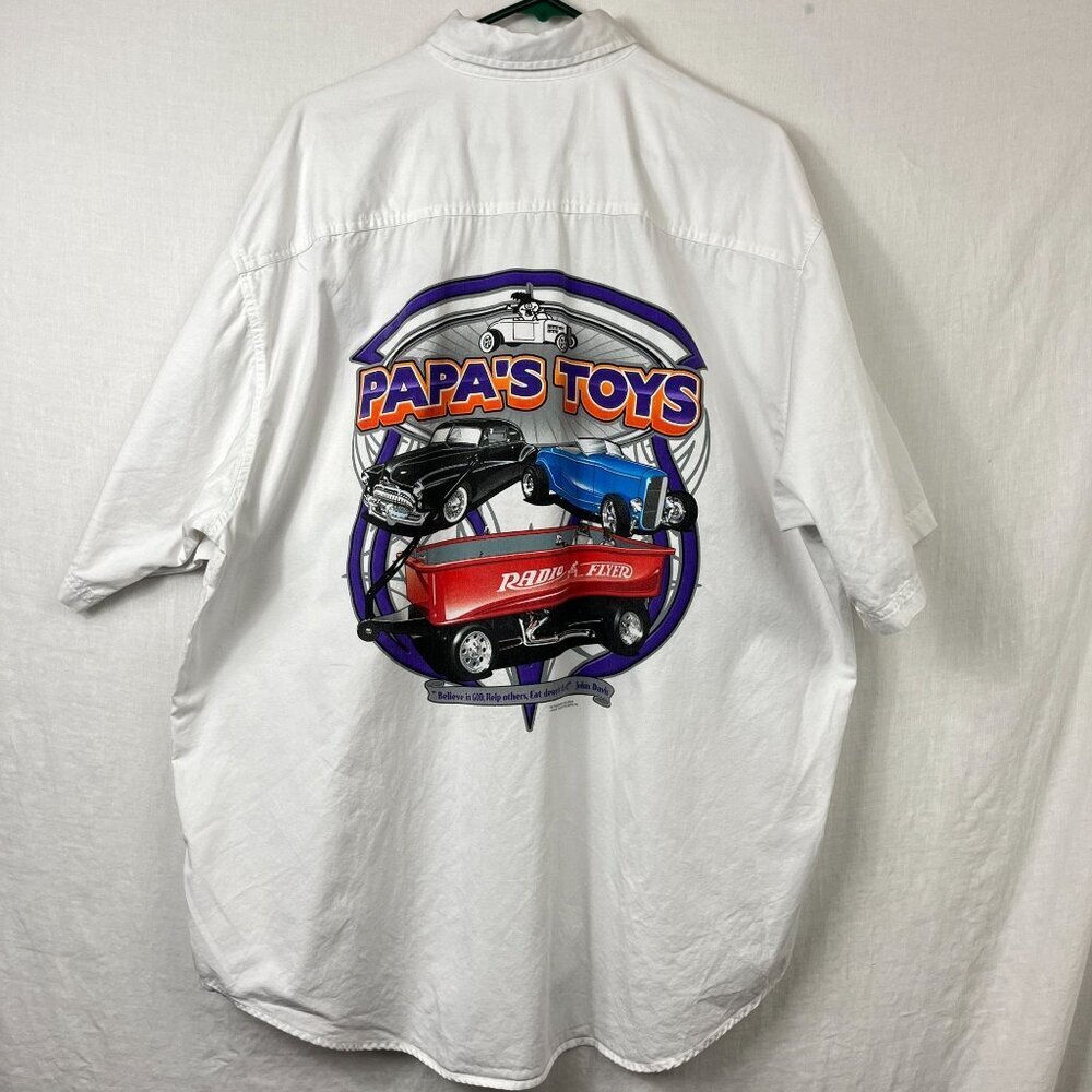 Papa's Toys Classic Car Short Sleeve Button Graphic Shirt Mens 2X Hot Rod Garage